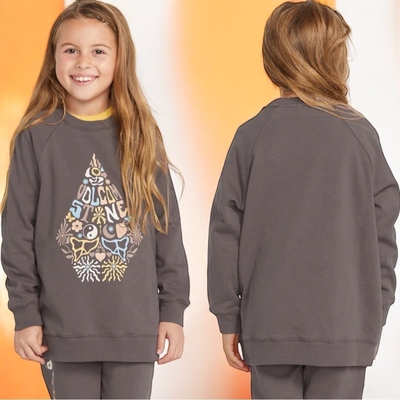 NEW Volcom Truly Stokin' Boyfriend Crew Sweatshirt Brown Yellow Girl's Size M - Picture 1 of 6